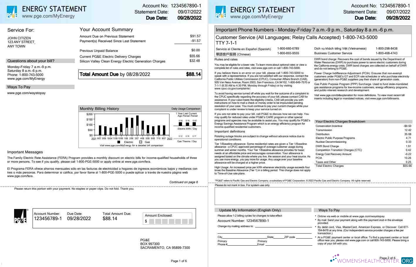 USA California PG&E (Pacific Gas and Electric Company) utility bill, Word and PDF template, 6 pages 1 2